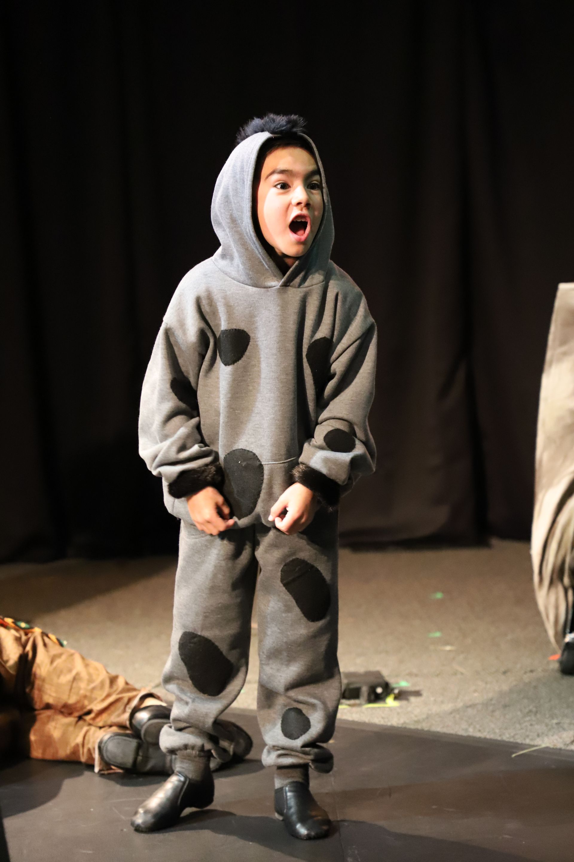 A young boy in a dog costume is standing on a stage.