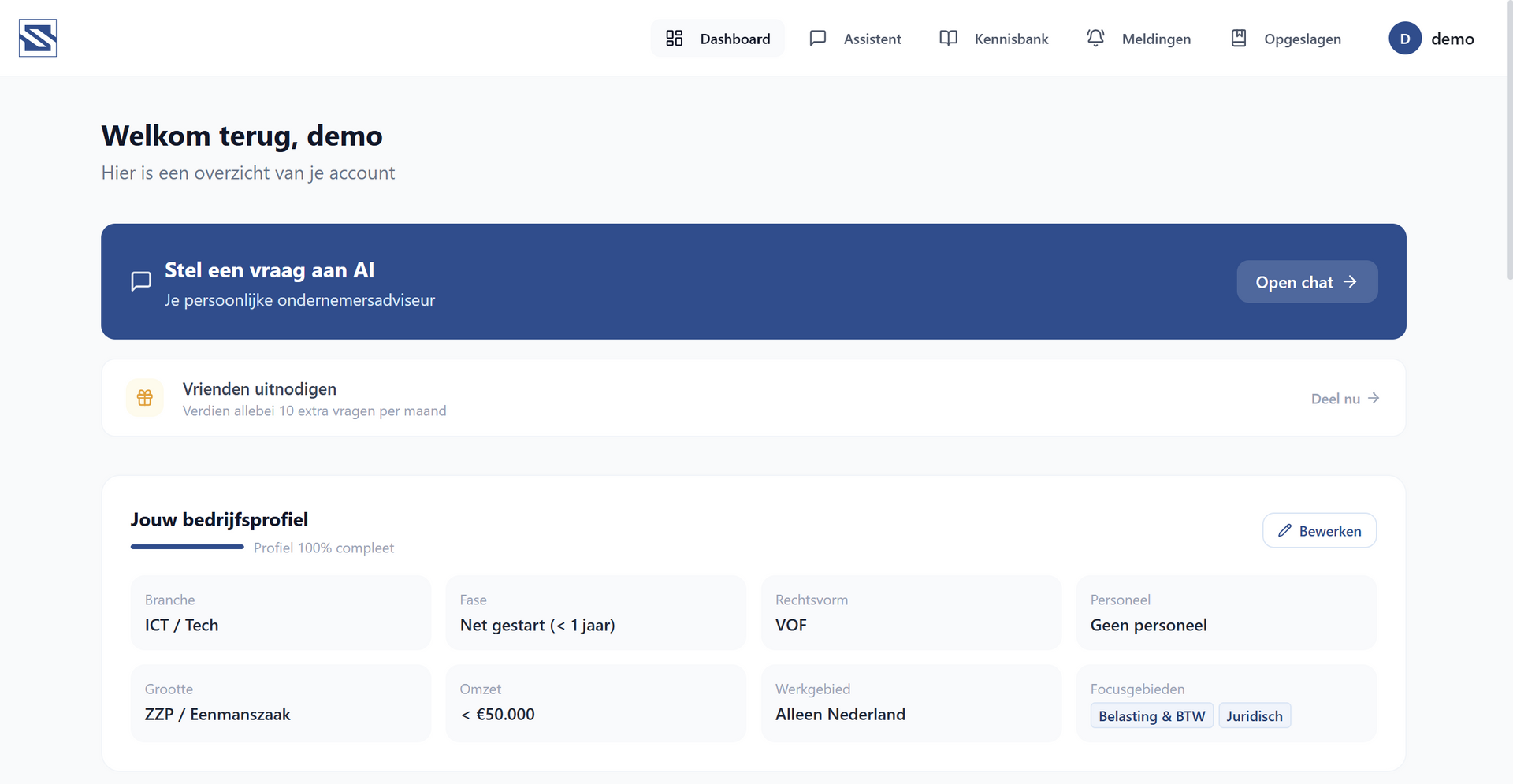 SmarterStart dashboard met overzicht van vragen, AI assistent en slimme meldingen voor ondernemers