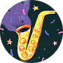 A cartoon illustration of a saxophone in a circle with stars.