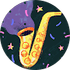 A cartoon illustration of a saxophone in a circle with stars.