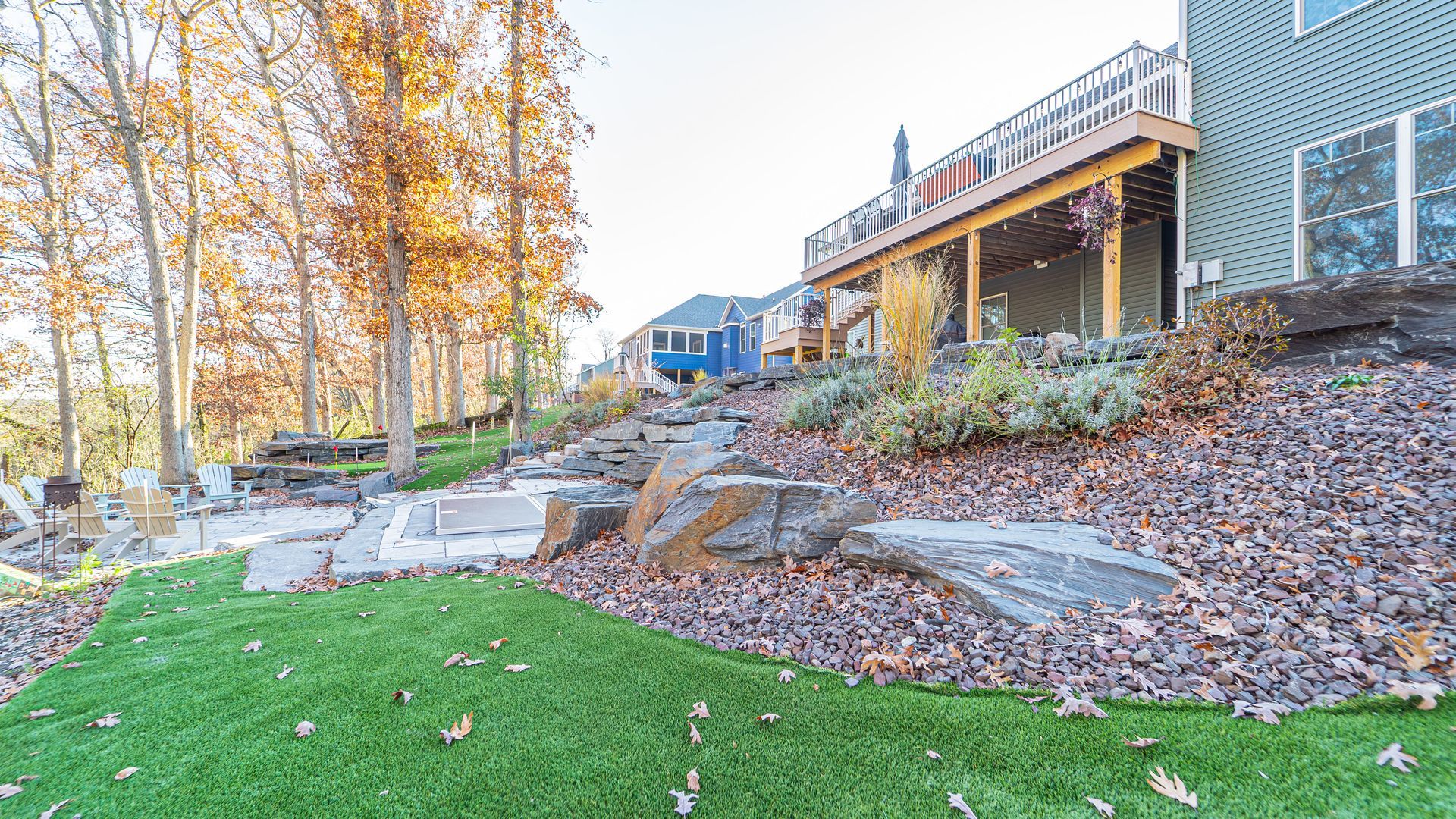 Backyard with artificial turf, rocky landscaping, and a house with a deck in autumn.