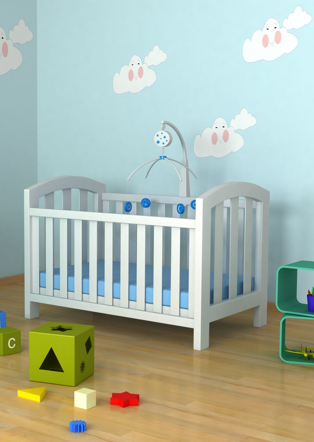 Una cameretta per bambini con culla e giocattoli sul pavimento