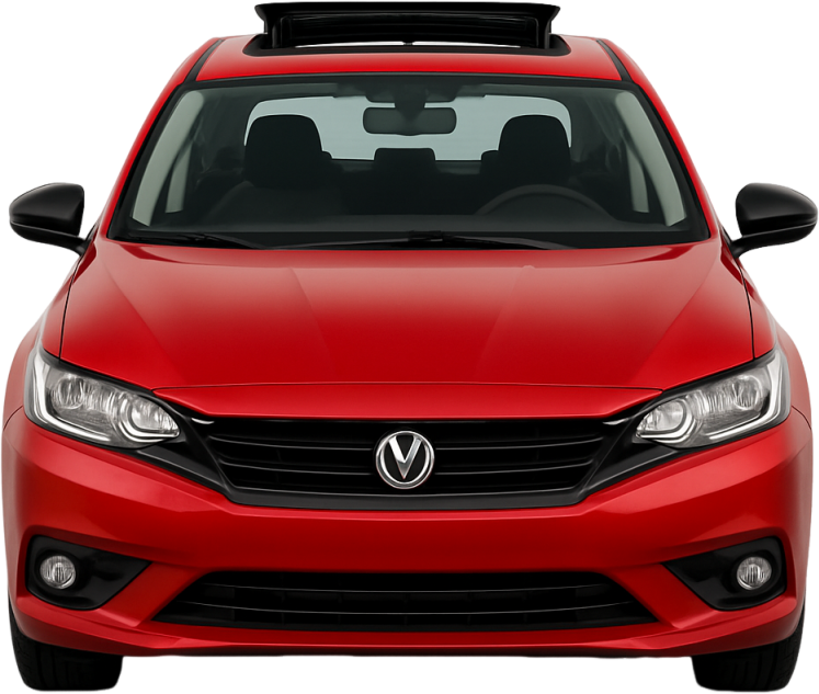 A red car with the letter v on the front