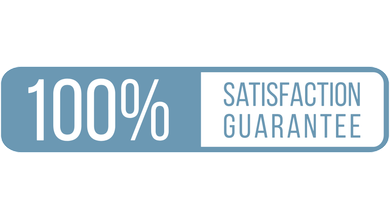 A blue and white sign that says `` 100 % satisfaction guarantee ''.