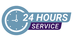 A 24 hours service logo with a clock in the middle.