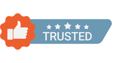 A trusted badge with a thumbs up and five stars.