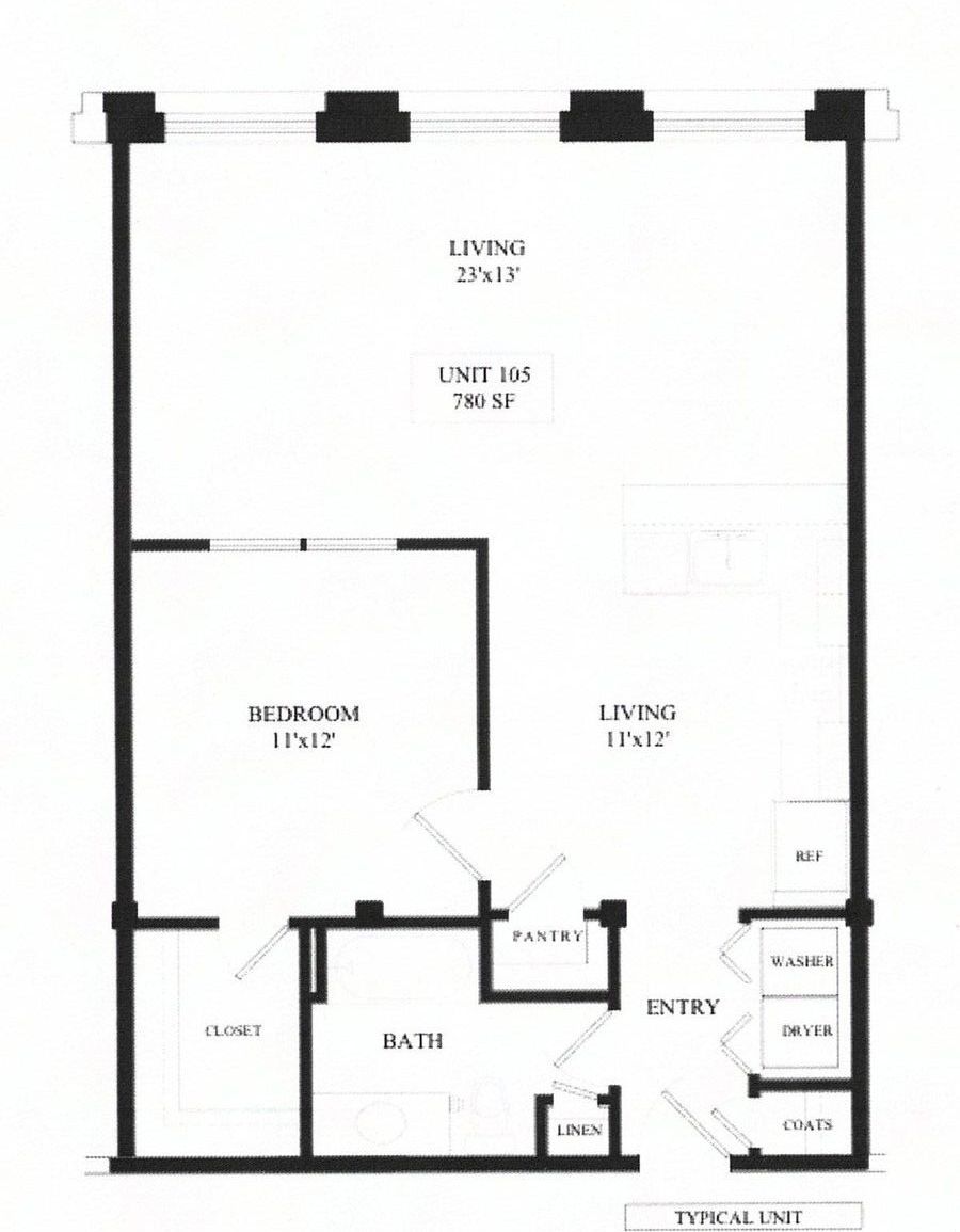 A black and white floor plan of a single bedroom apartment.