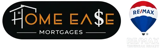 Logo for "HOME EA$E MORTGAGES" in orange and white text on a black oval background, with a house icon integrated into the H.