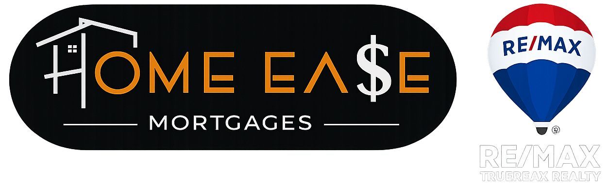 Logo for "HOME EA$E MORTGAGES" in orange and white text on a black oval background, with a house icon integrated into the H.