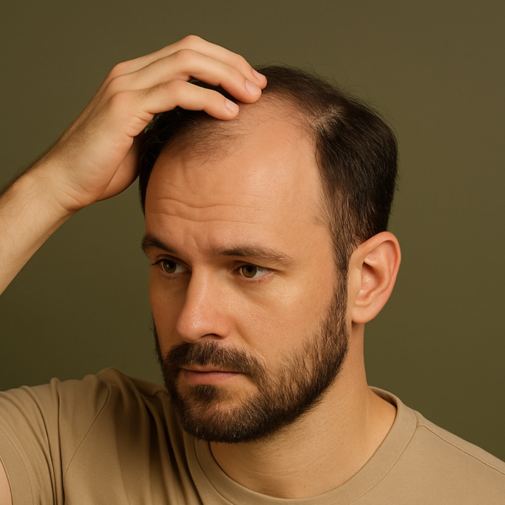 Mann mit dunklem Haar und zurückweichendem Haaransatz, Hand am Kopf, sieht besorgt aus.