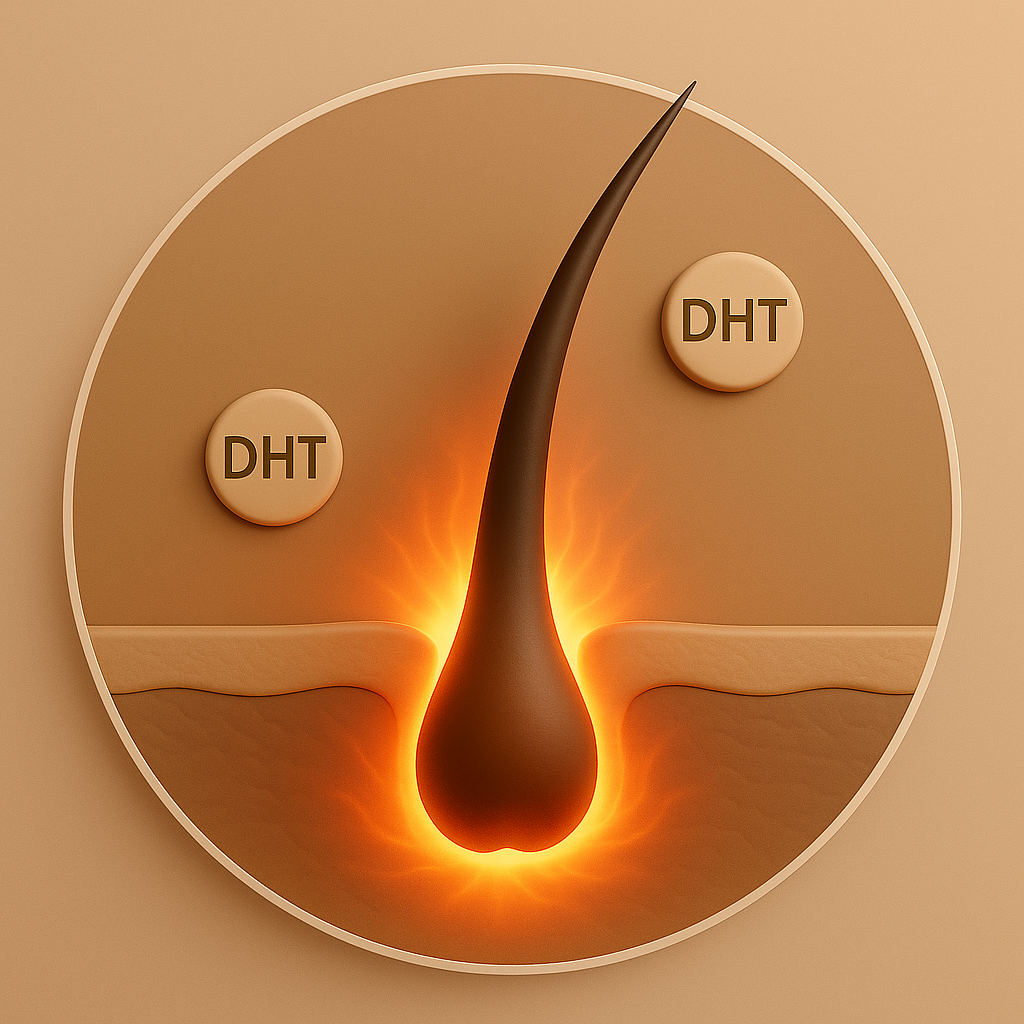 Illustration eines Haarfollikels mit leuchtender Bulbus, DHT-Markierungen und Hautschichten.