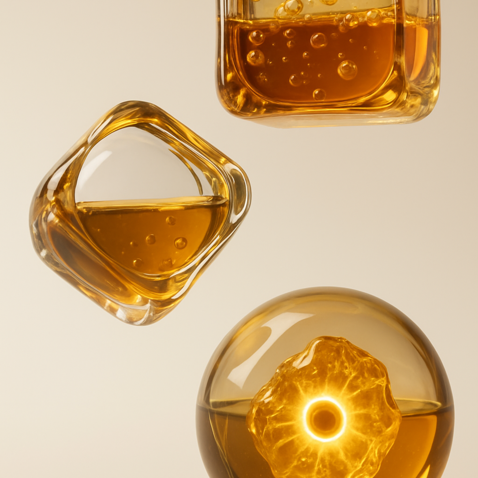Drei mit bernsteinfarbener Flüssigkeit gefüllte Glasgefäße vor neutralem Hintergrund.