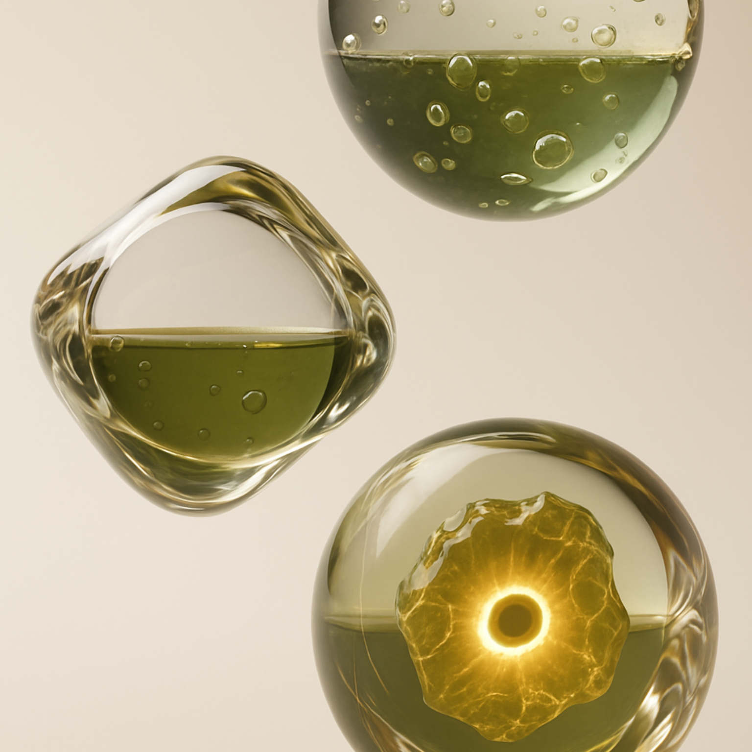 Drei Glasskulpturen mit grüner Flüssigkeit im Inneren. Die unterste leuchtet gelb.