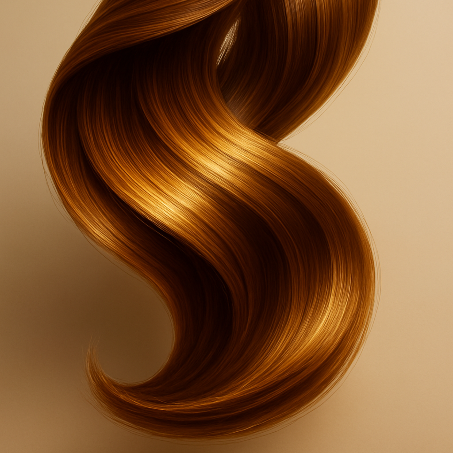 Gewirbelte Strähnen von kastanienbraunem Haar, glänzend mit Highlights, vor einem neutralen Hintergrund.