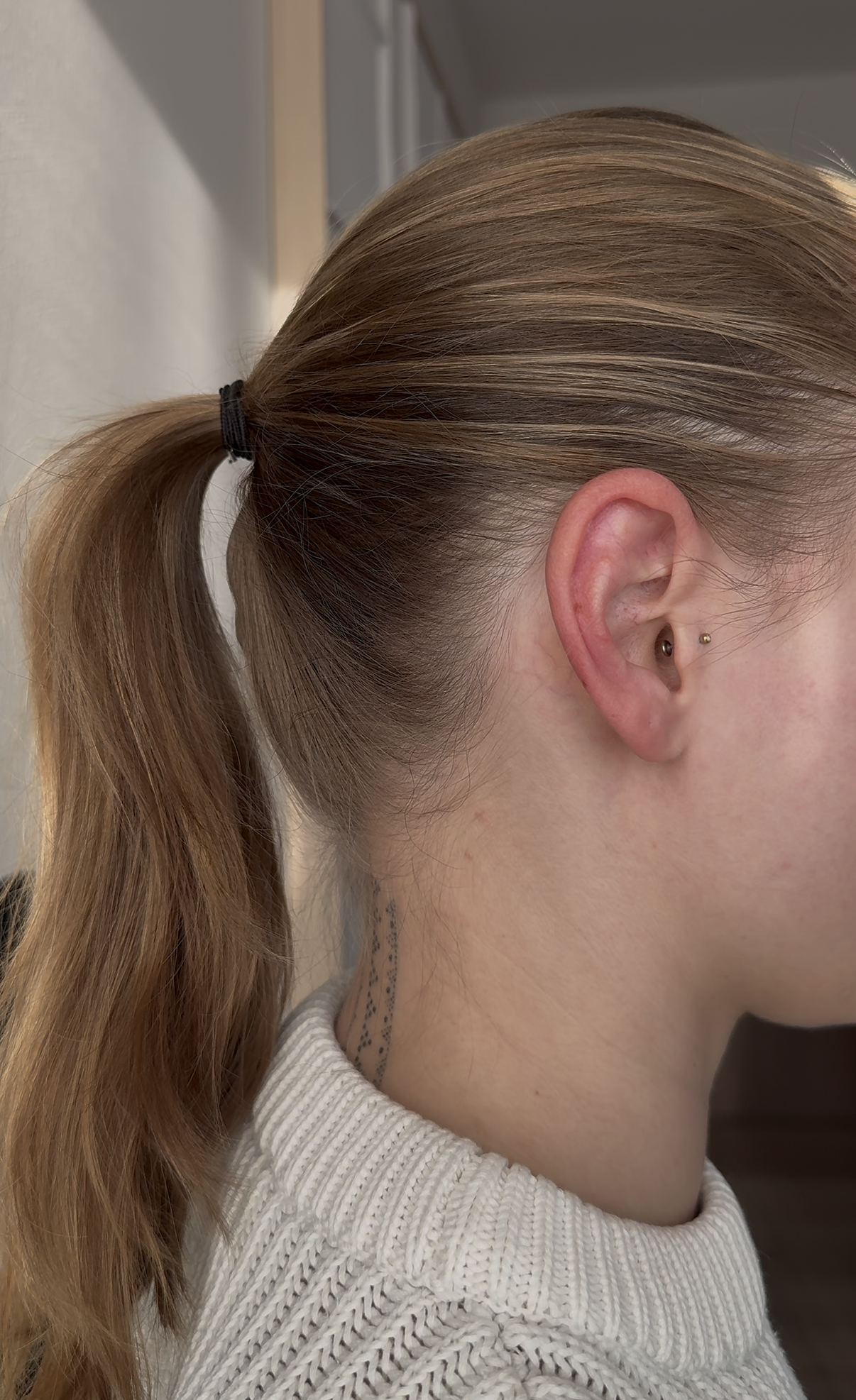 Person mit blonden Haaren, die zu einem Pferdeschwanz gebunden sind