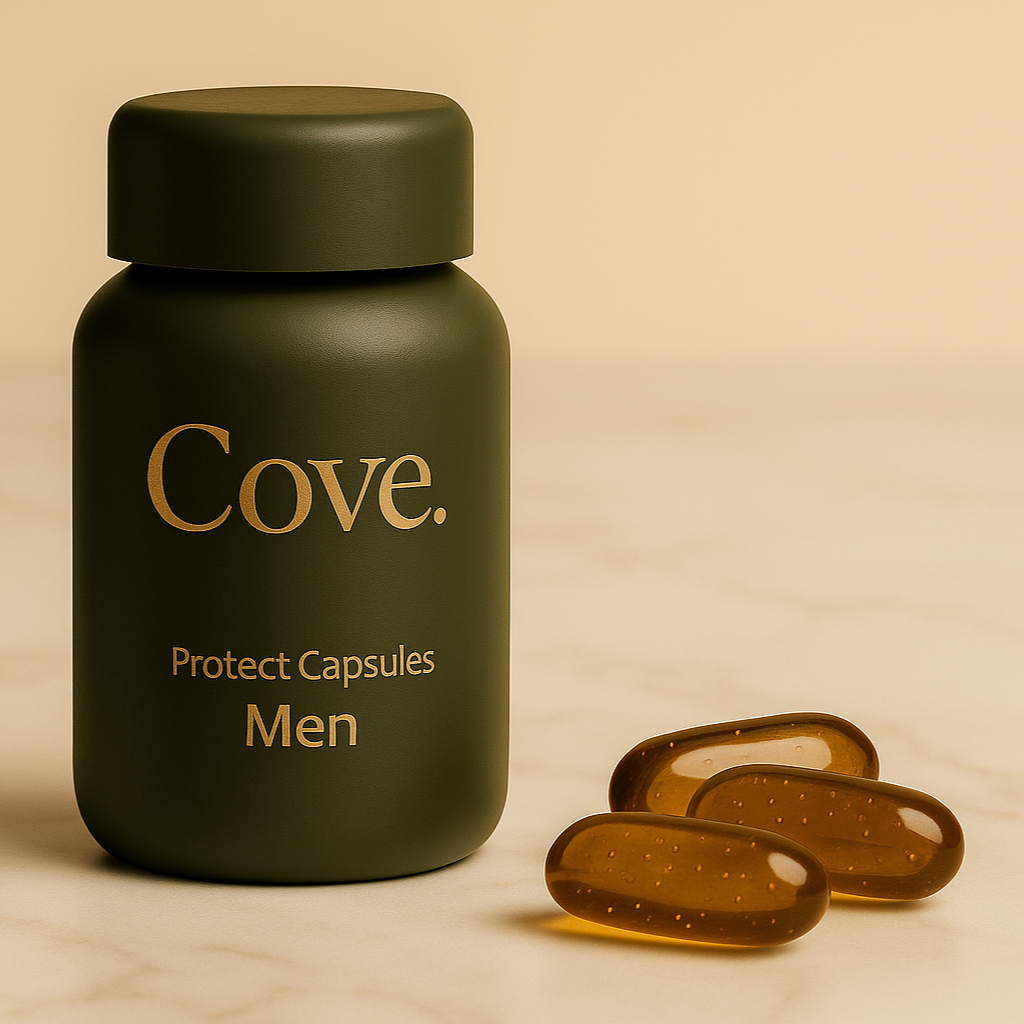 Olivgrüne Flasche mit Nahrungsergänzungsmittel, Aufschrift „Cove“ und „Protect Capsules Men“, daneben drei Kapseln