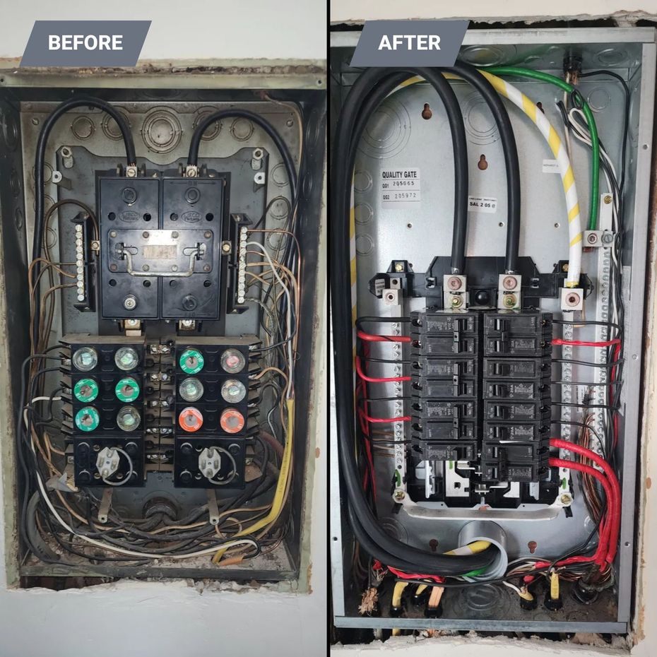 Electrical panel before and after upgrade: old fuse box replaced with modern circuit breakers and wiring.