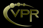 Golden "VPR" logo with arc and dots on black background.