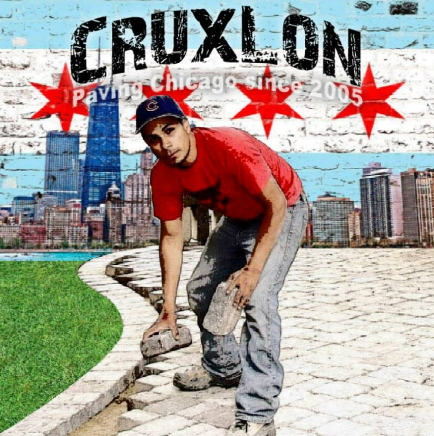 Man laying brick pathway, Chicago skyline background.