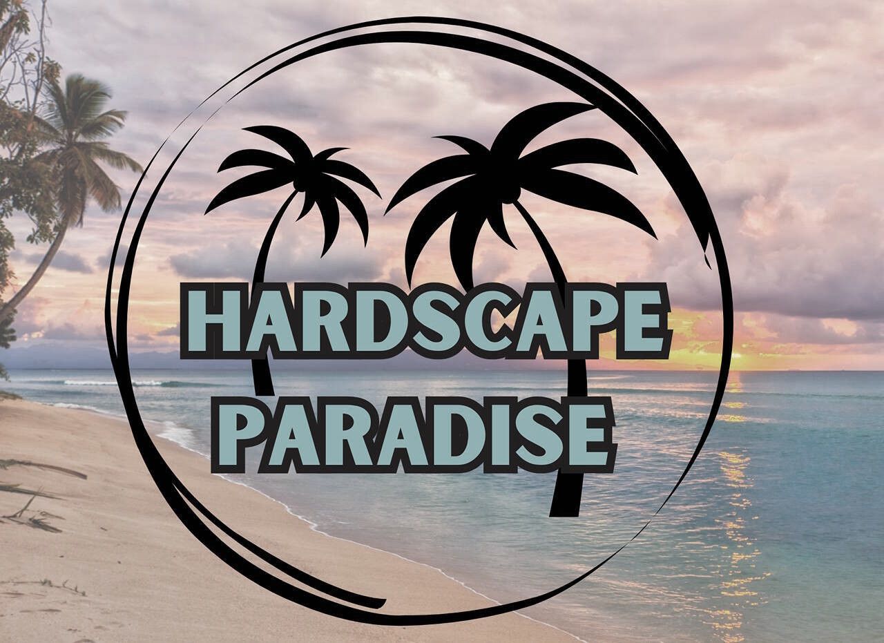 Logo with palm trees and beach scene, text reads "Hardscape Paradise" within a black circle.