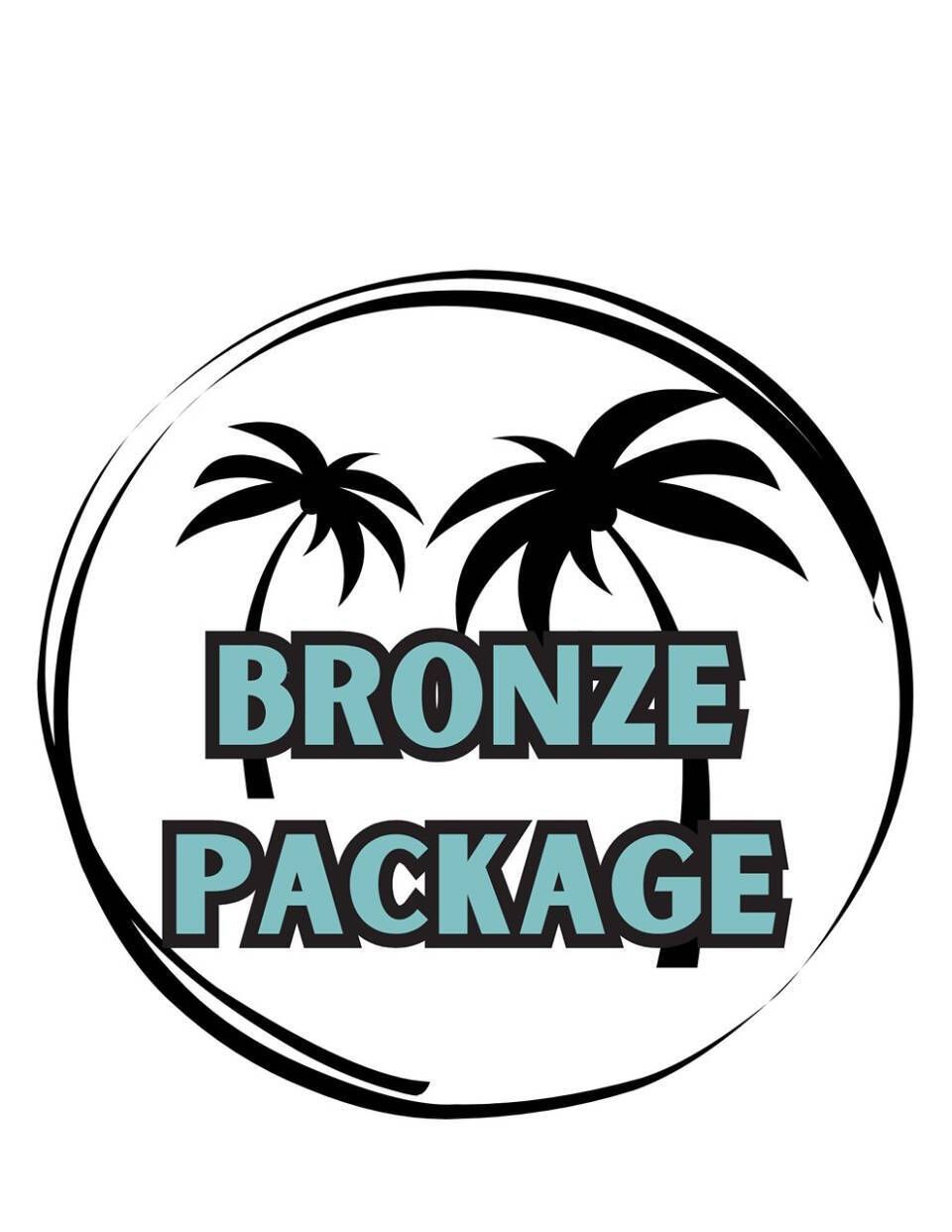 "Bronze Package" text with palm tree silhouettes inside a black circle.