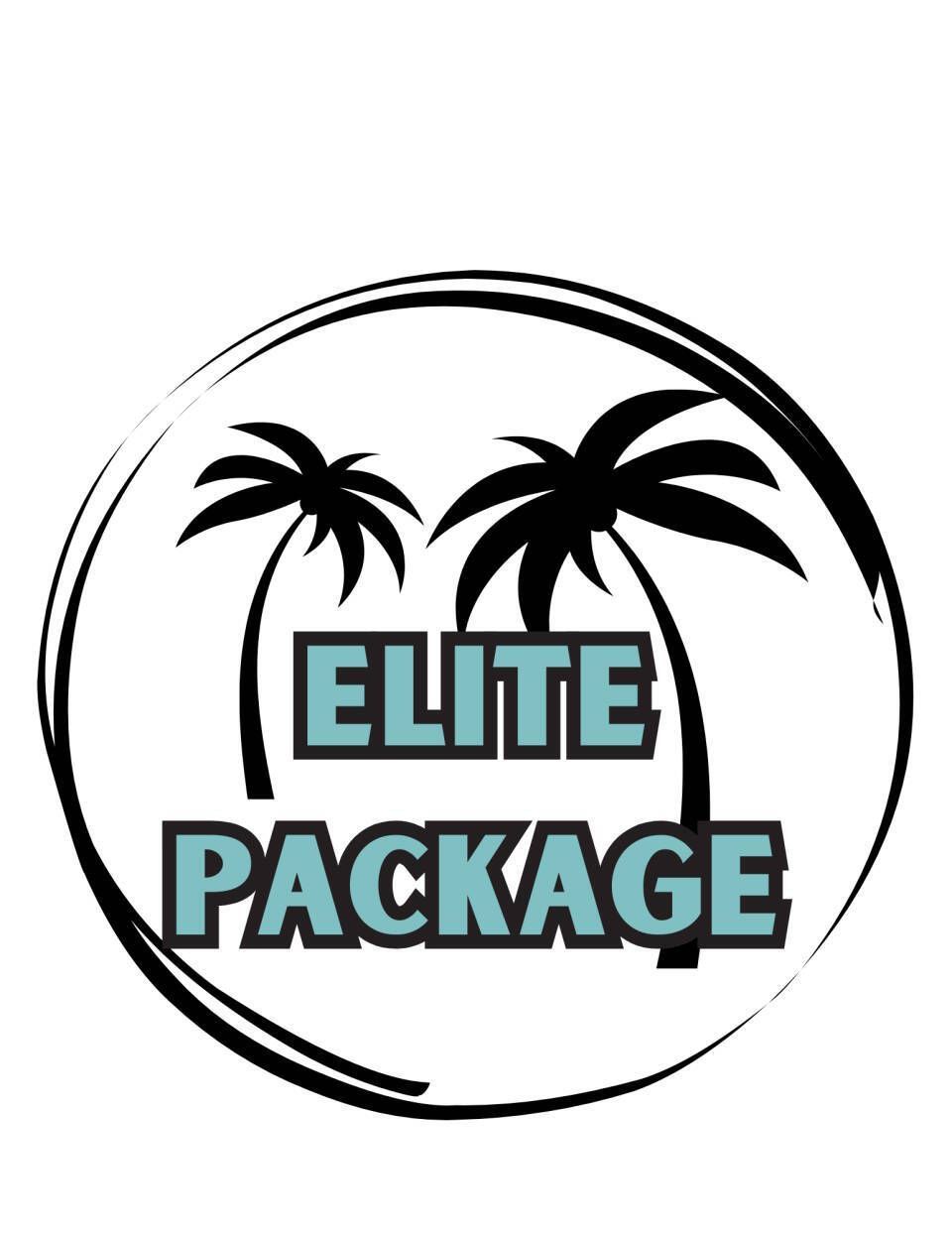 Logo: Two palm trees, "ELITE PACKAGE" text, inside a black circle.
