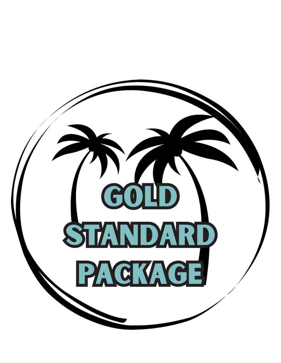 Gold Standard Package logo with palm trees inside a black circle.