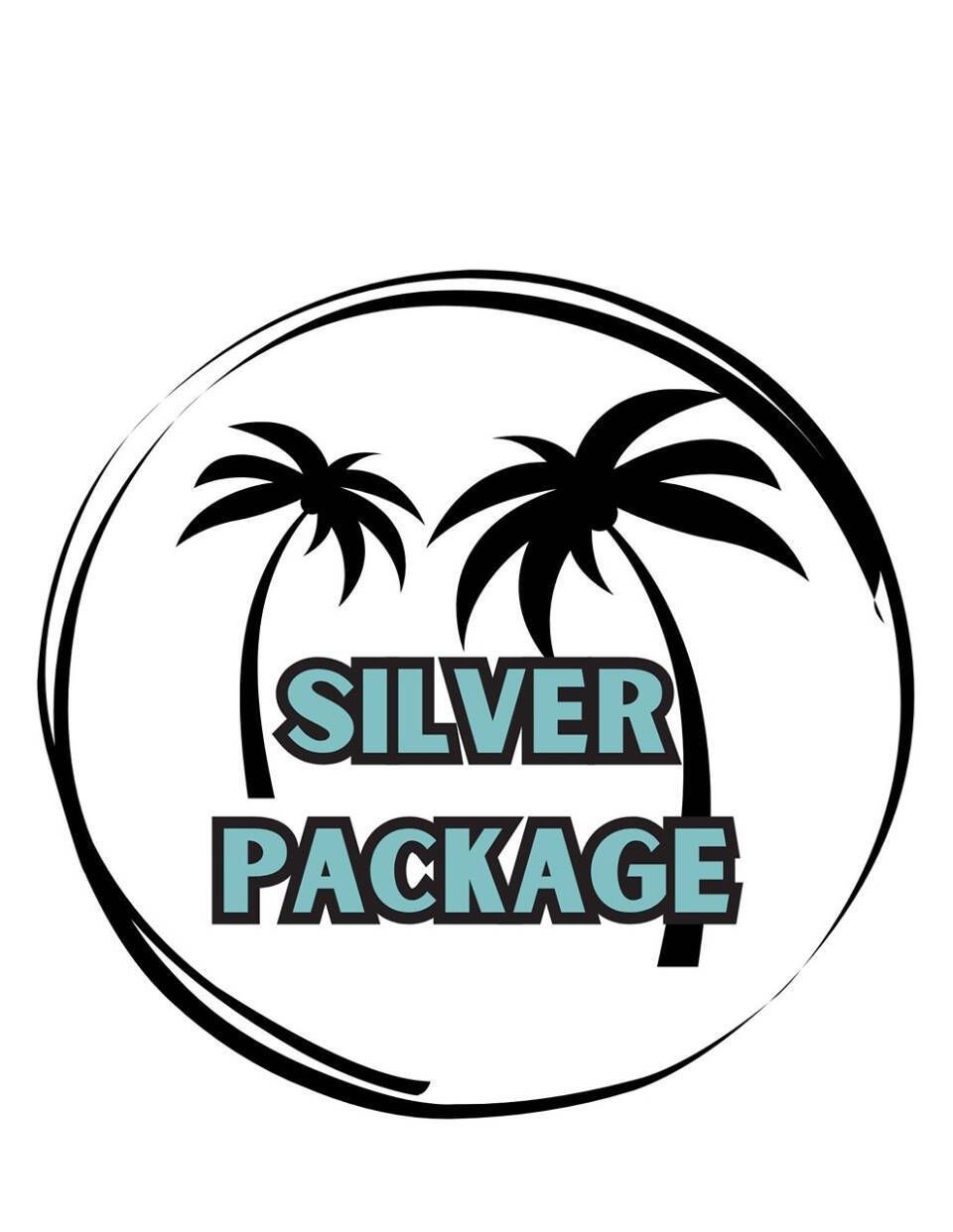 Logo with two black palm trees and "SILVER PACKAGE" in teal within a black circle.