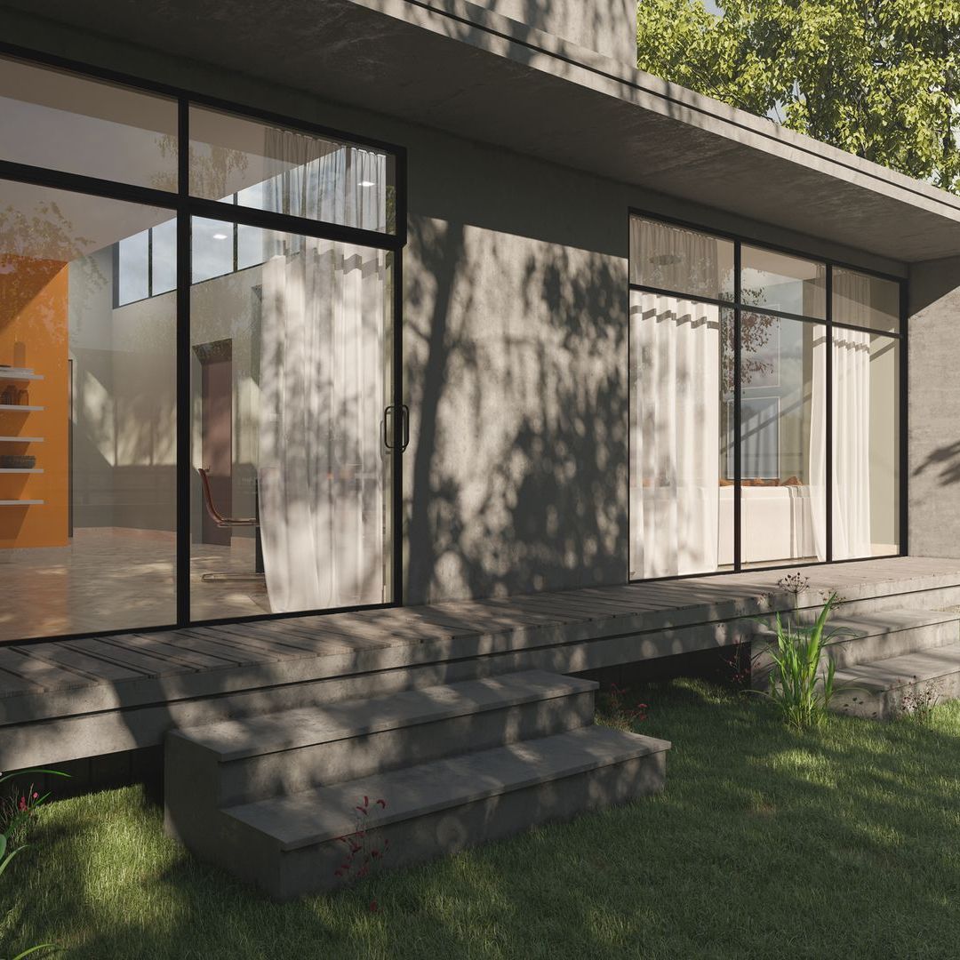 Exterior view of a modern house with large windows, steps leading to the entrance, and surrounding greenery. Shadows of trees are cast on the building.