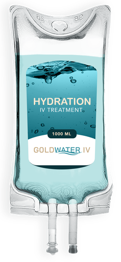 Clear IV hydration bag with blue fluid, labeled “Hydration IV Treatment” and “Goldwater IV”