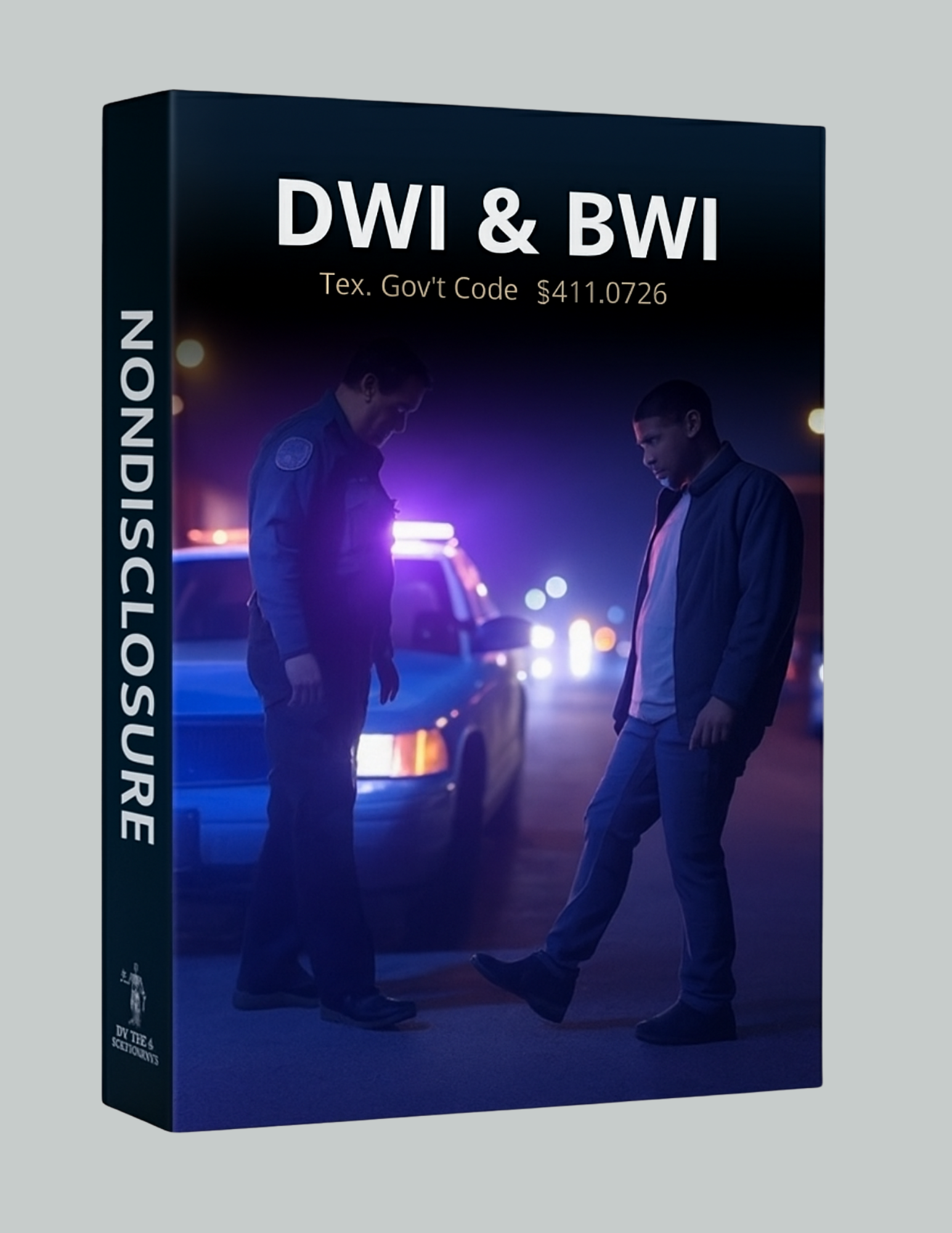 Book cover: Police officer interacting with a man at night near a police car. DWI & BWI information displayed.