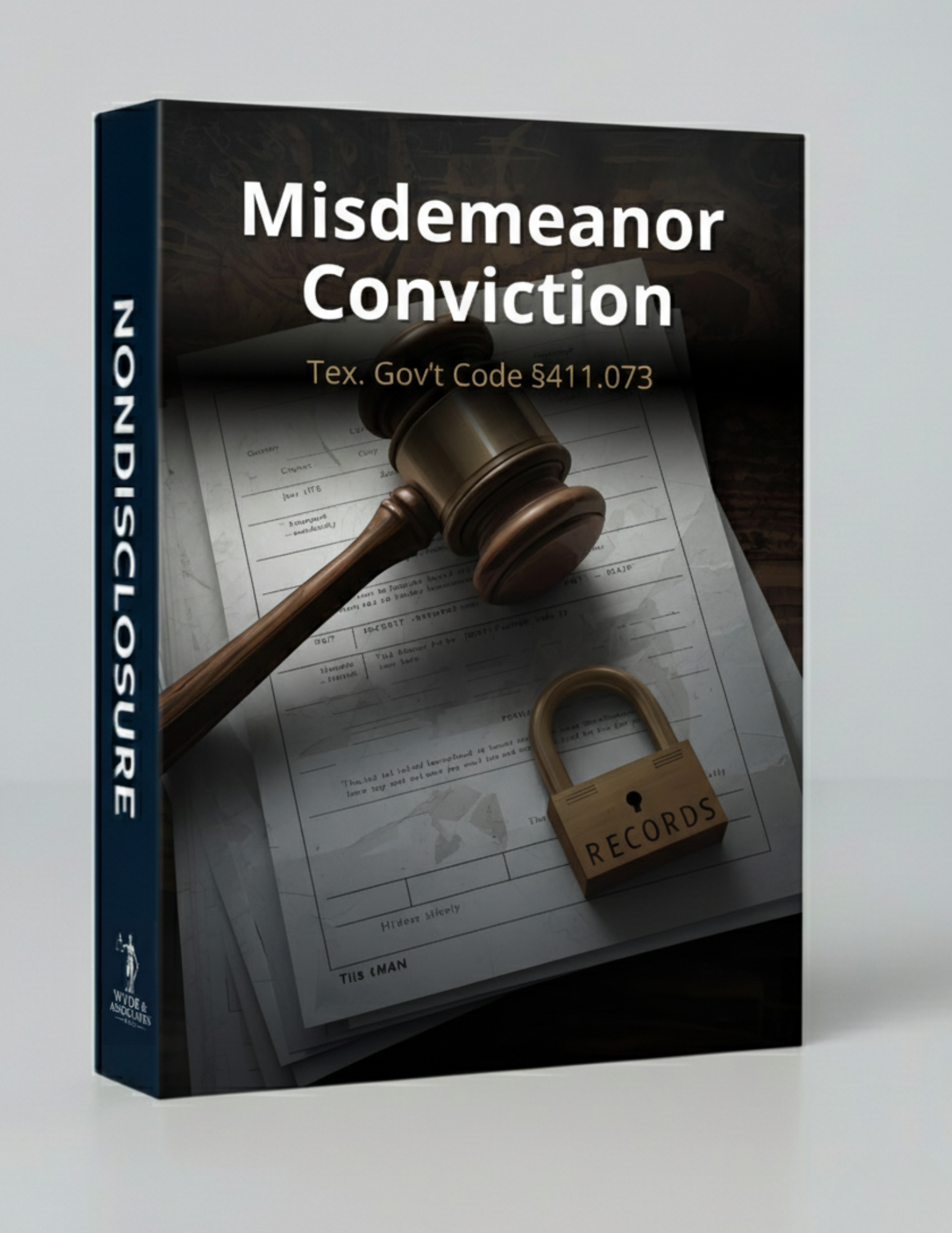 Book cover: Gavel, documents, and a lock marked 