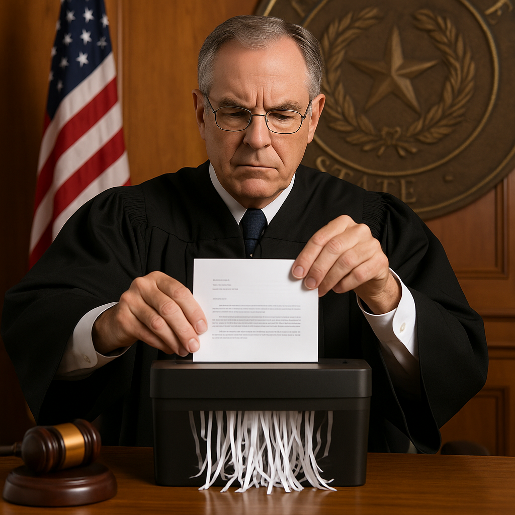 A judge in a courtroom shreds a document with a paper shredder; the American flag and a Texas seal are in the background.