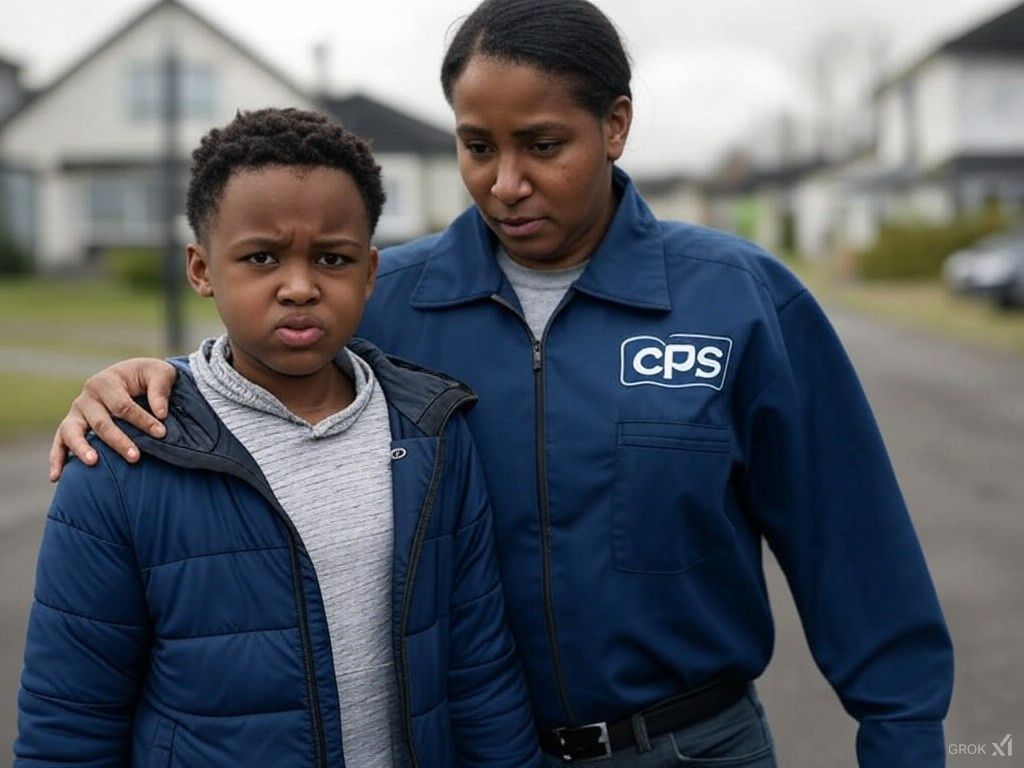 A woman in a blue jacket is standing next to a boy in a blue jacket.