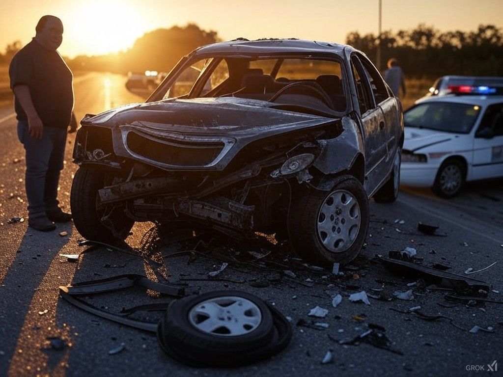 A man standing next to a damaged car next to a police car