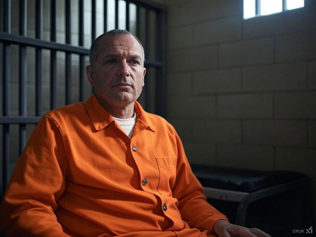 A man in an orange prison uniform is sitting in a cell.