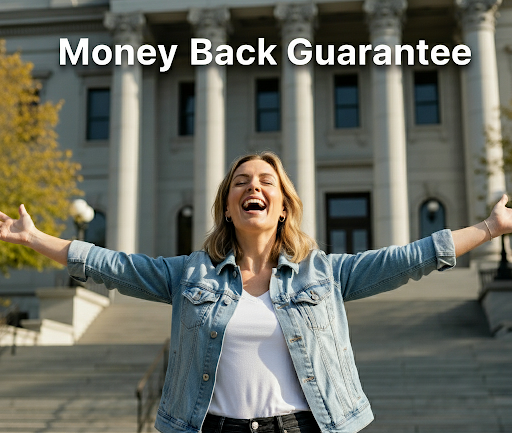 Woman with arms raised, smiling, in front of a courthouse, text: 