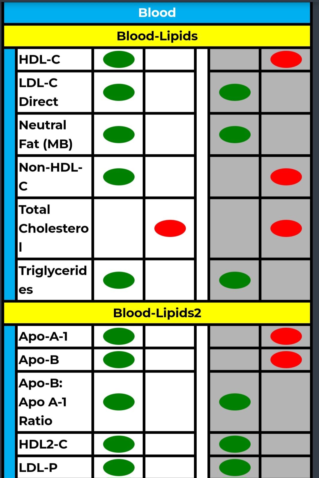 Blood lipid test results: Green and red indicators for HDL-C, LDL-C, triglycerides, cholesterol, and apolipoproteins.