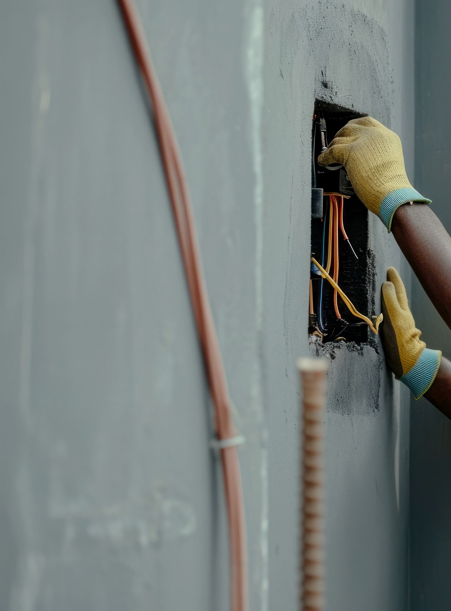 Hands with yellow gloves working on electrical wiring in a wall.