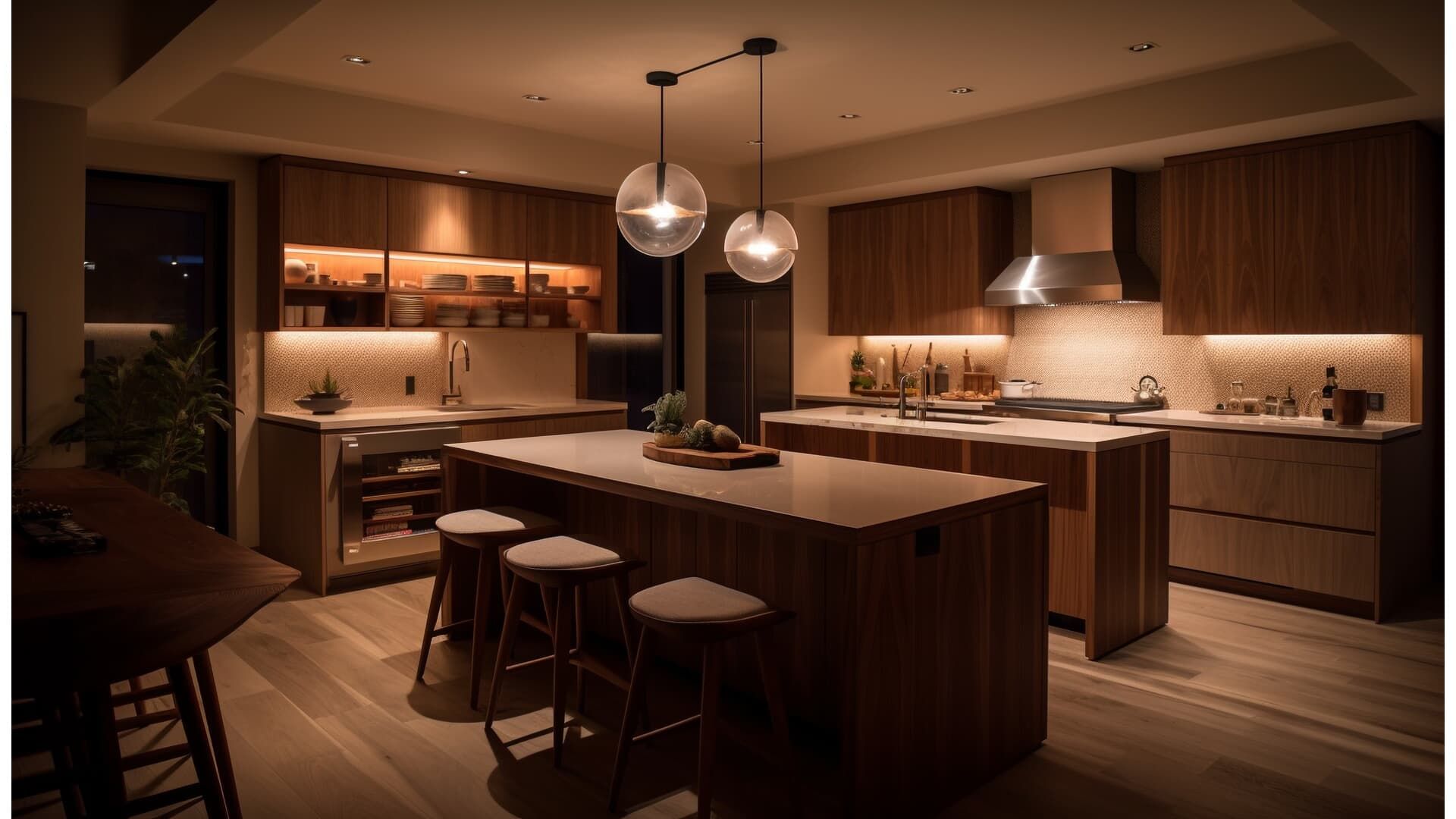 Modern kitchen with wood cabinets, island with stools, pendant lights, warm lighting.