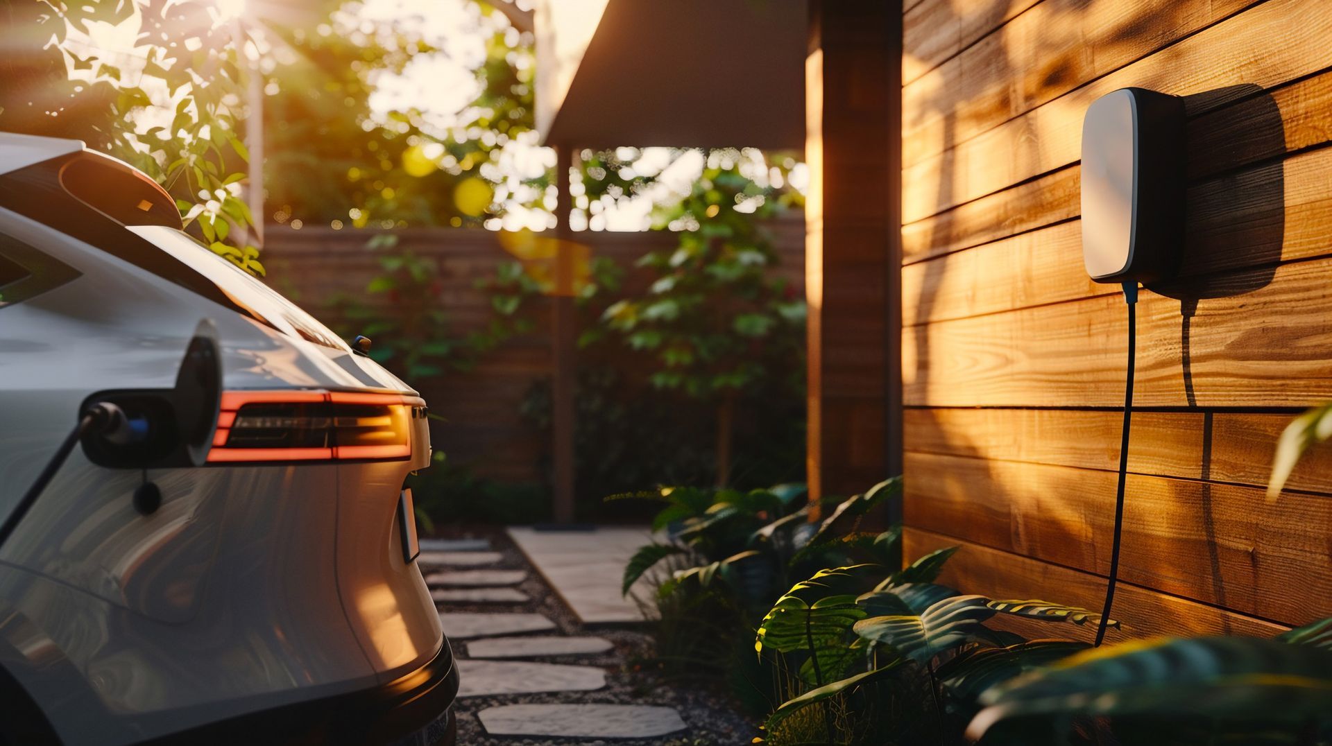 White electric car charging next to a house with a charging station, bathed in sunlight.