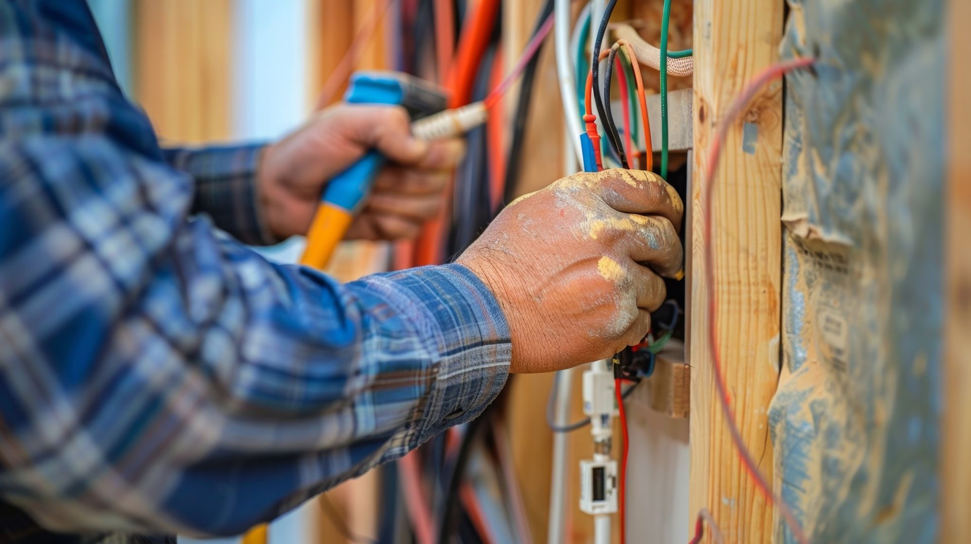 Electrician working on wiring, inside wooden wall.