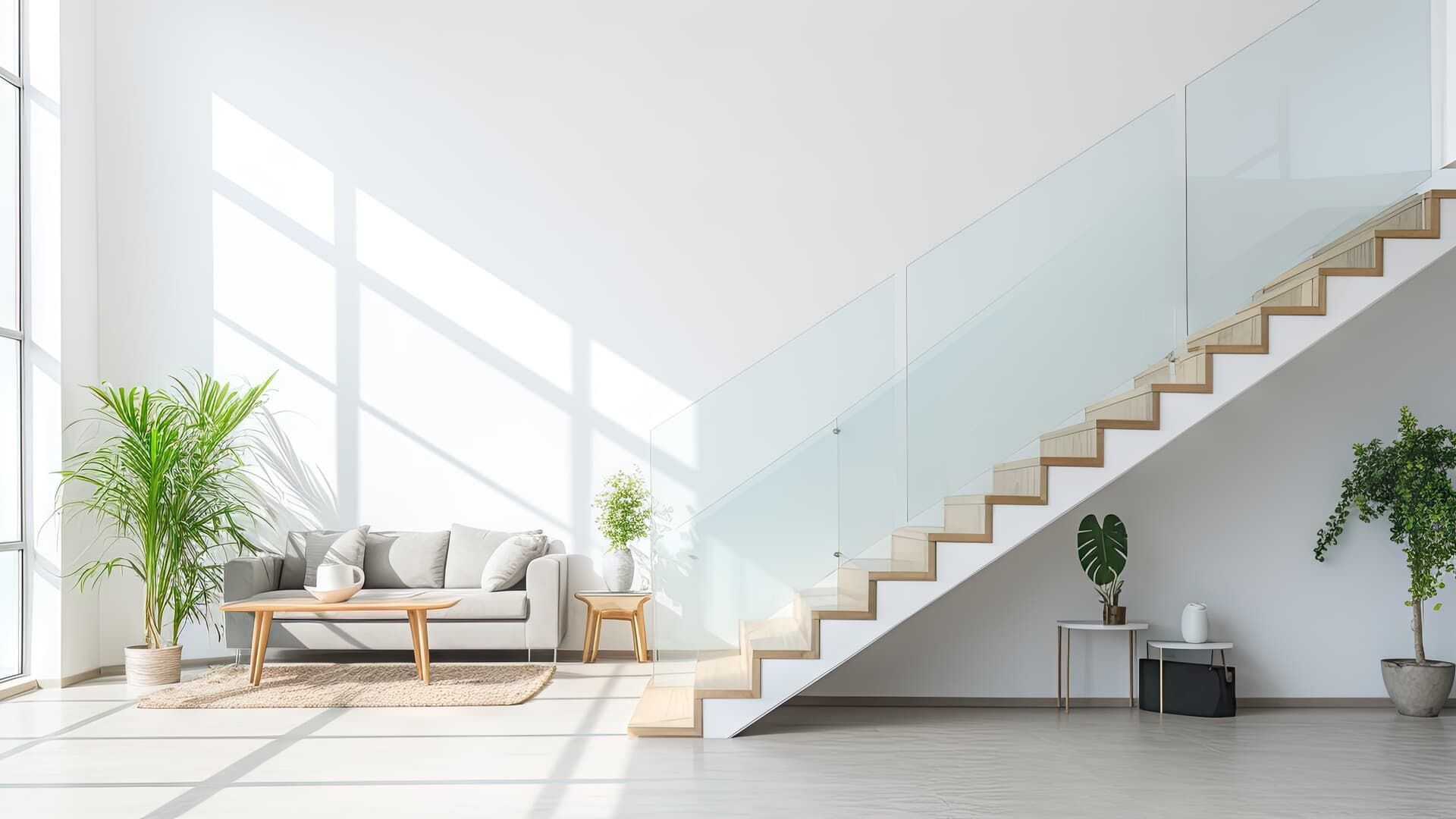 Bright, airy living room with staircase. Light gray sofa, wooden coffee table, large windows, and potted plants.