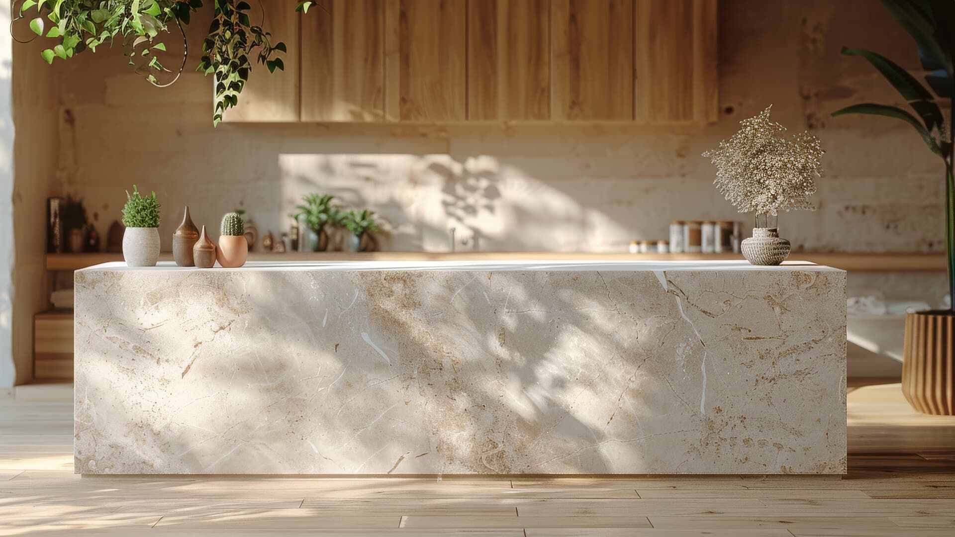 Sunlit kitchen island and cabinetry with plants, neutral tones, and natural materials.