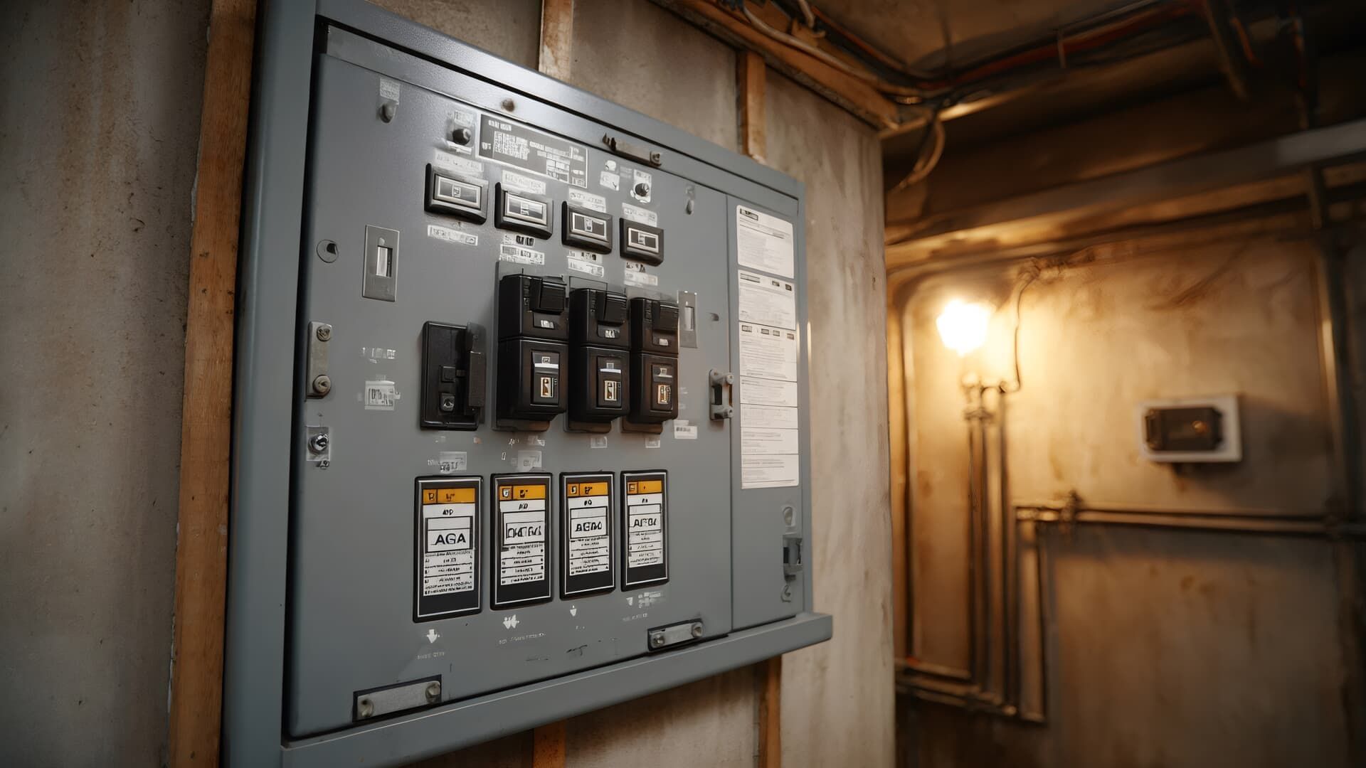 Gray electrical panel on a wall in a dimly lit industrial setting.