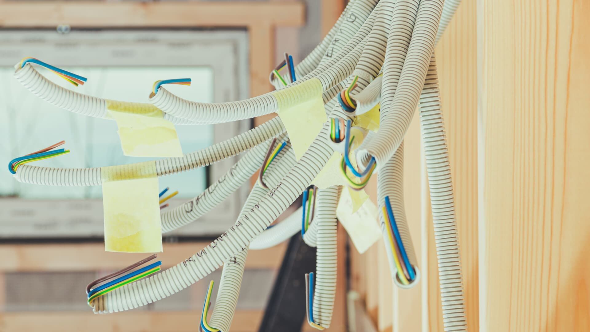 Electrical wiring in corrugated tubes, secured with yellow tape, against a wooden wall; window in background.