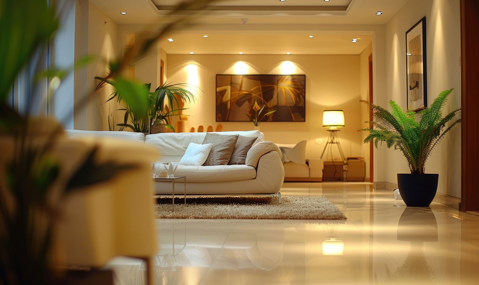 Cozy living room with cream-colored couch, plants, art, and warm lighting.