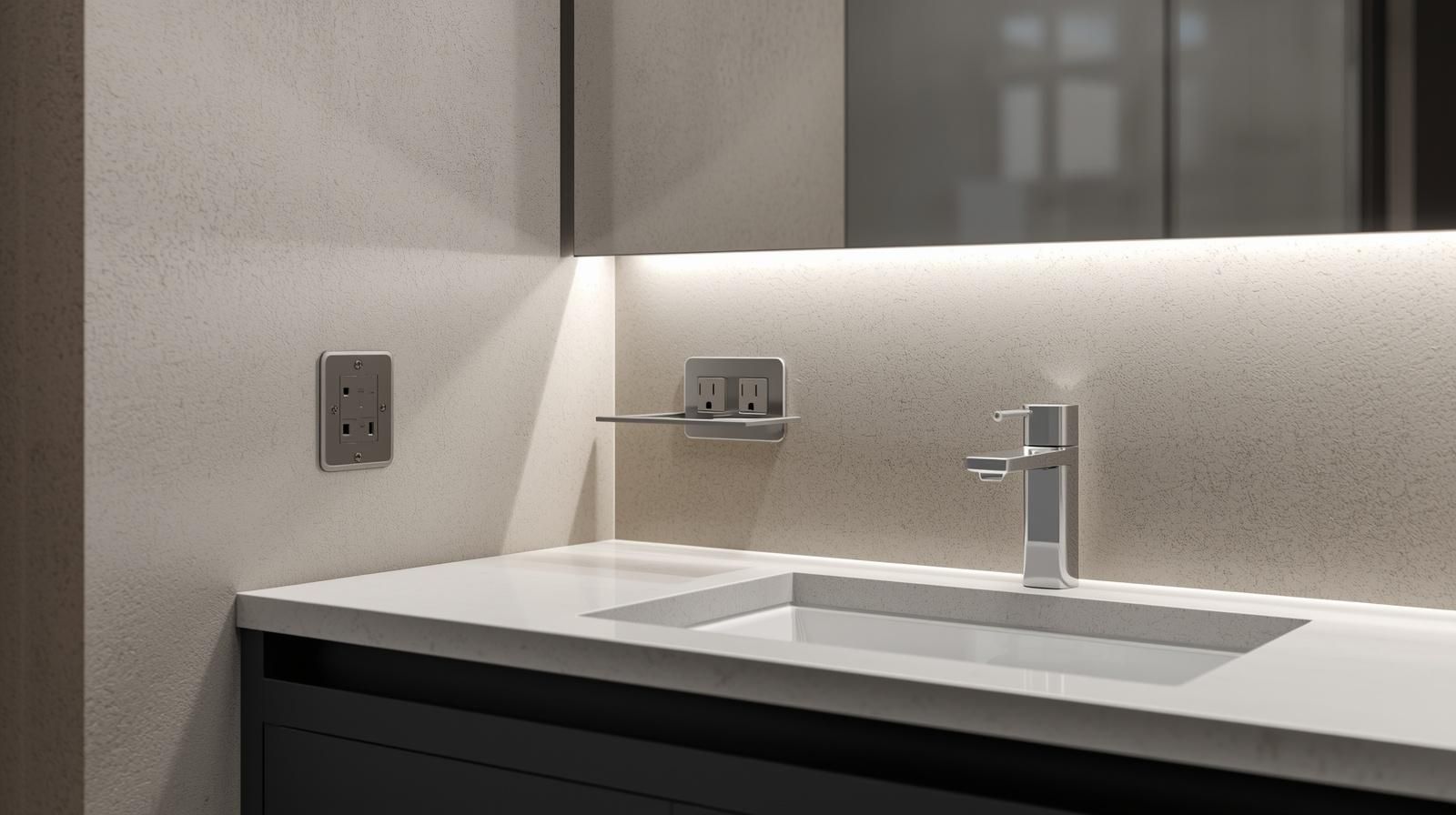 Bathroom sink with faucet, mirror, wall outlet, and recessed lighting. Light-colored countertop, gray cabinets.