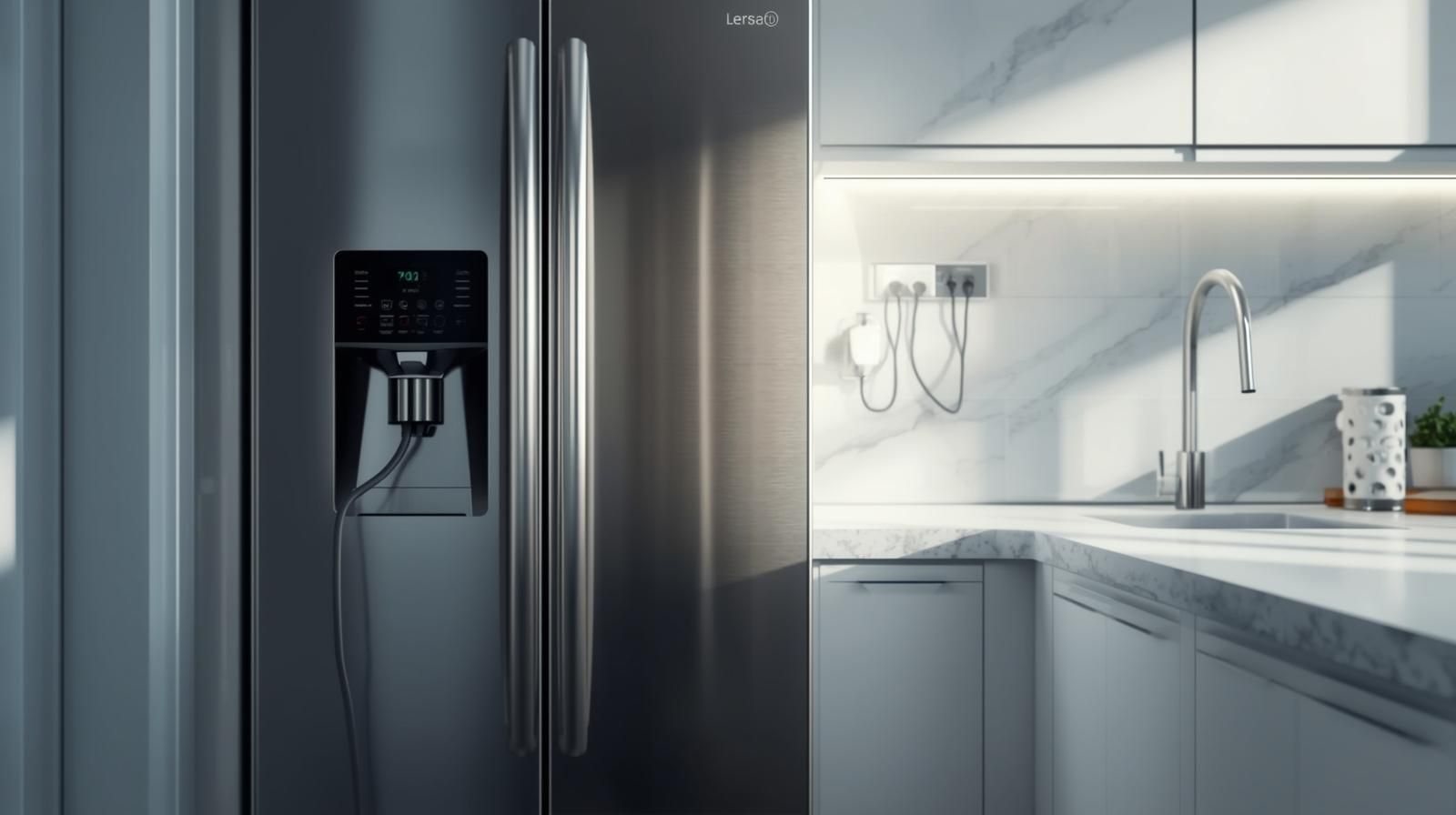 Stainless steel refrigerator next to a bright, modern kitchen countertop with faucet.