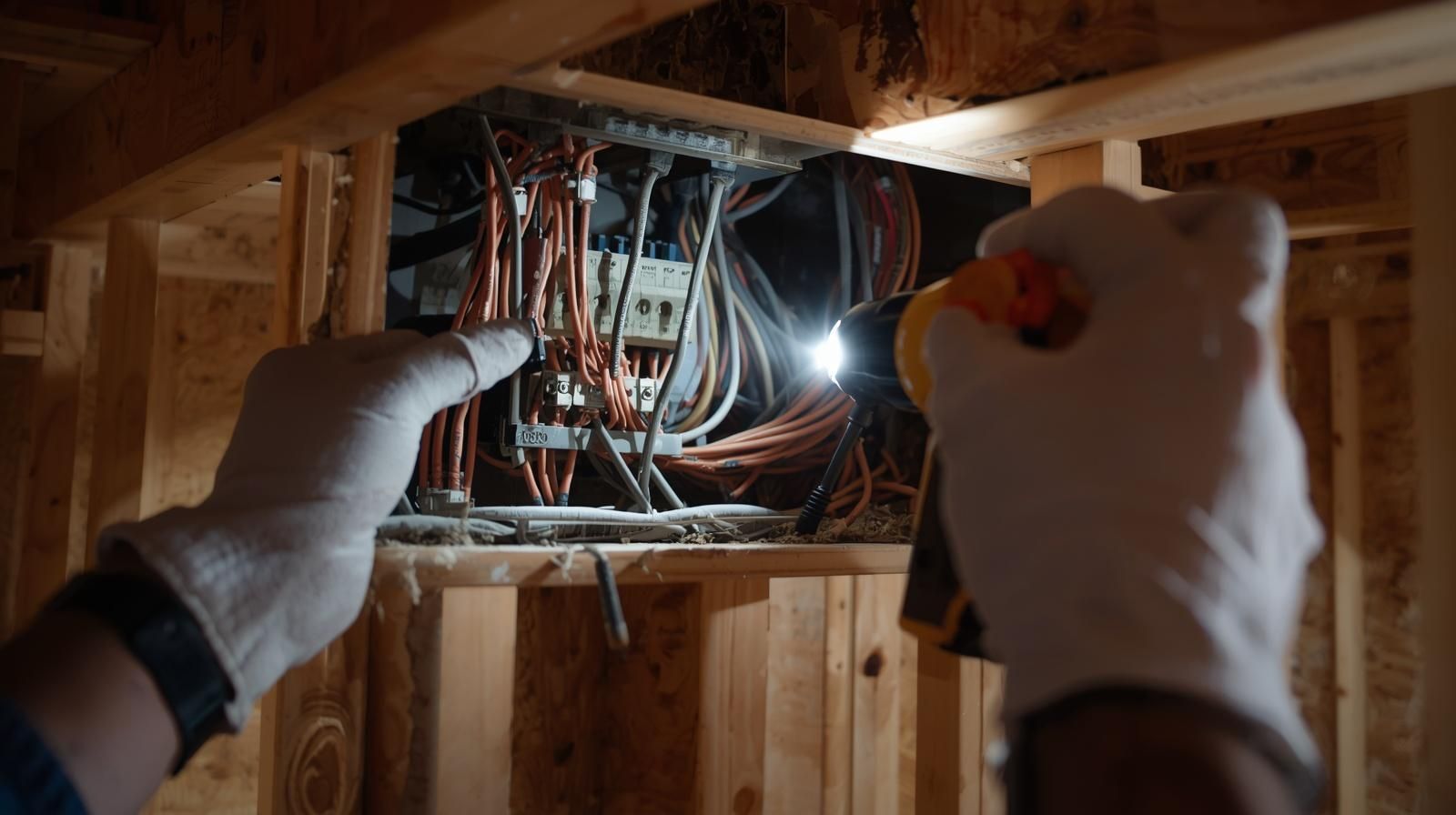 Person in white gloves examining electrical wires in a wooden frame, lit by a flashlight.